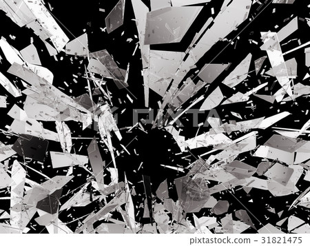 Pieces of splitted or cracked glass on black Pieces of splitted or cracked glass on black 31821475