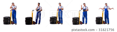The tyre repairman with trolley isolated on white 31821756