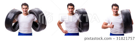 Handsome tyre repairman isolated on white Handsome tyre repairman isolated on white 31821757