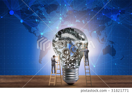 Businessman on ladder repairing light bulb 31821771