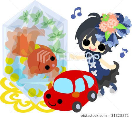 Cute girls and fish bowls and toy cars 31828871