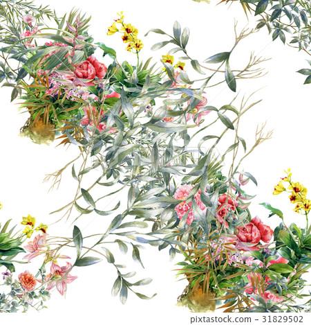 Watercolor painting of leaf and flowers pattern Watercolor painting of leaf and flowers pattern 31829502