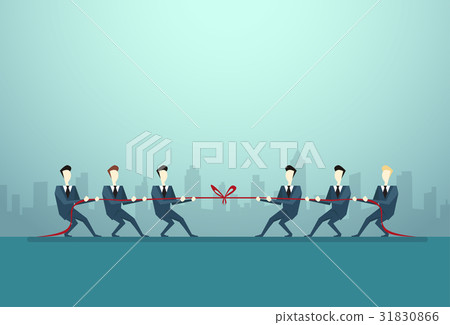 Team Members Pulling Rope Rope Pulling Team Tug Of War Illustration. Teams Pulling On Opposite