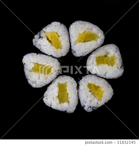 Sushi served on a black background with reflection Sushi served on a black background with reflection 31832145