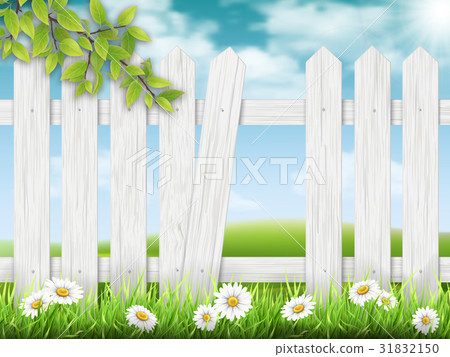 White wooden fence with broken plank 31832150