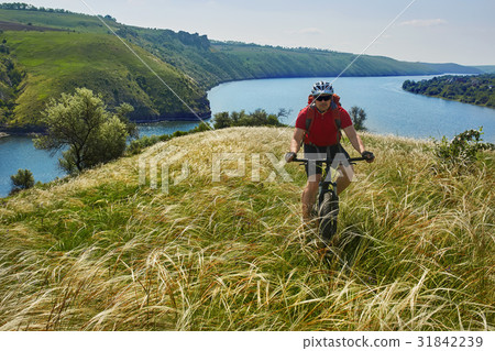 Young cyclist cycling in the green summer meadow Young cyclist cycling in the green summer meadow 31842239
