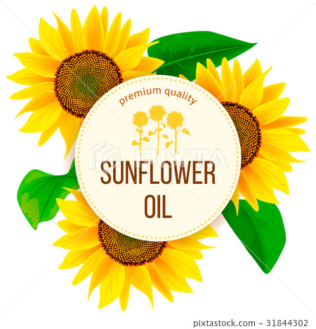 Sunflowers and leaves around circle badge text Sunflowers and leaves around circle badge text 31844302