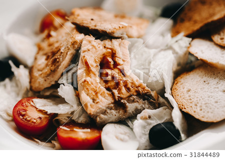 salad with salmon, green, egg, Ruskson and black salad with salmon, green, egg, Ruskson and black 31844489