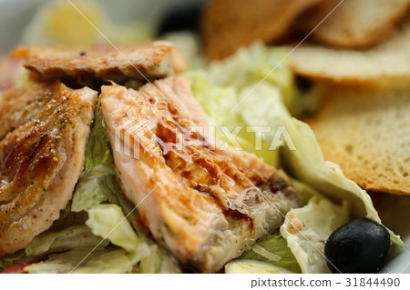 salad with salmon, green, egg, Ruskson and black salad with salmon, green, egg, Ruskson and black 31844490