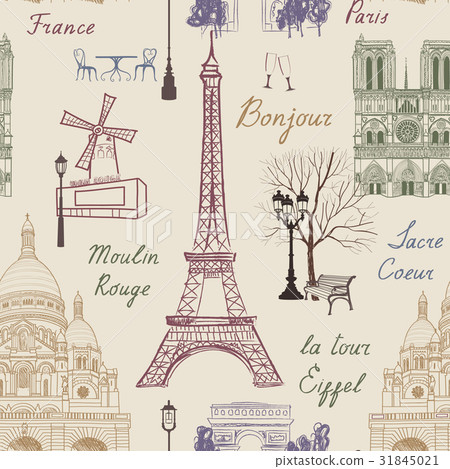 Travel Paris city pattern. Seamless background Travel Paris city pattern. Seamless background 31845021