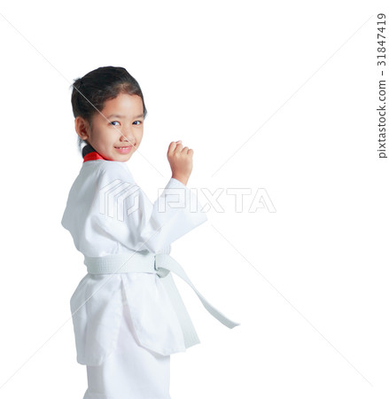 Happy Asian little girl is smile and showing fist Happy Asian little girl is smile and showing fist 31847419