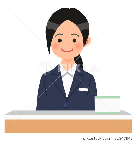 A woman in a navy blue suit that sits at the reception desk A woman in a navy blue suit that sits at the reception desk 31847945