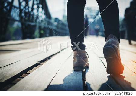 Feet sneakers walking on fall Outdoor Feet sneakers walking on fall Outdoor 31848926
