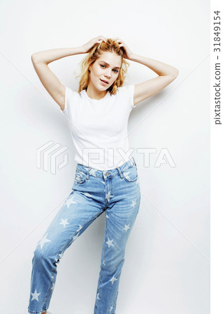 young pretty blond teenage girl emotional posing 31849154