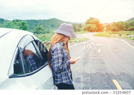 Relaxed happy woman traveler on summer road trip Relaxed happy woman traveler on summer road trip 31854607
