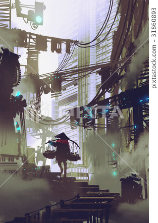 robot carrying on a shoulder pole walking in city robot carrying on a shoulder pole walking in city 31860893