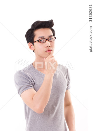 thinking nerd man looking at you, white isolated thinking nerd man looking at you, white isolated 31862681