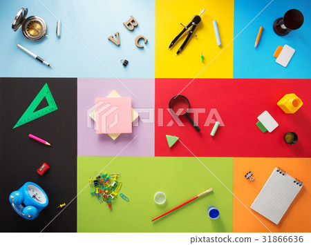 school supplies at abstract colorful background 31866636