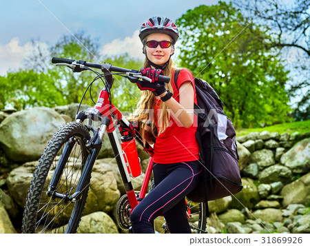 Woman traveling bicycle summer park. Early morning Woman traveling bicycle summer park. Early morning 31869926