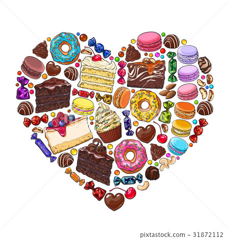 Heart made of various desserts, candies, pastries Heart made of various desserts, candies, pastries 31872112