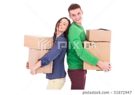 Happy smiling delivery man and woman carrying 31872947