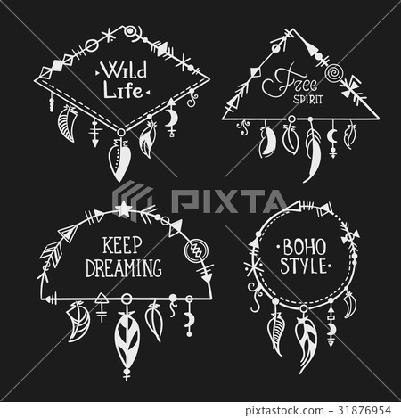 boho hand drawn frames with feathers set eps8 - Stock Illustration ...