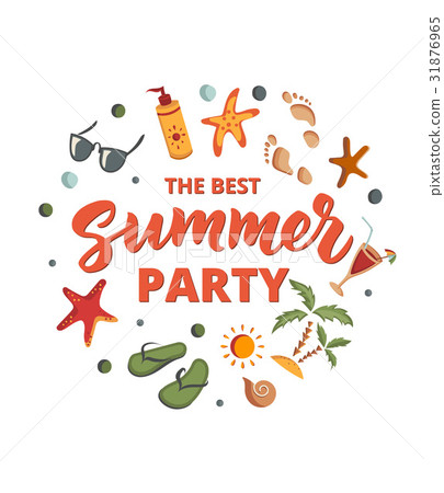 Summer Party text with beach elements. Sunscreen Summer Party text with beach elements. Sunscreen 31876965