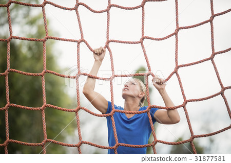 Woman climbing a net during obstacle course 31877581