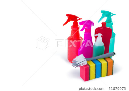 Cleaning sponges and brush with colorful spray bottles Cleaning sponges and brush with colorful spray bottles 31879973
