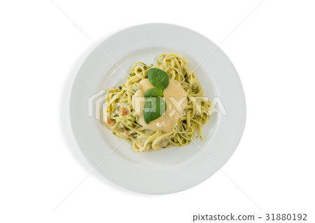 Overhead view of fettuccine served in plate Overhead view of fettuccine served in plate 31880192