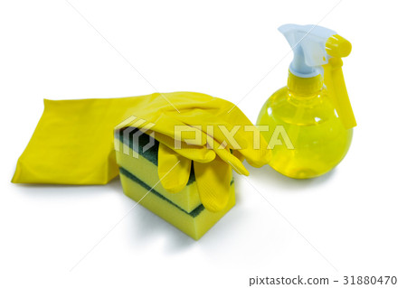 Close up of sponge with spray bottle and glove Close up of sponge with spray bottle and glove 31880470