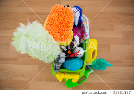 High angle view of duster and cleaning equipment in bucket High angle view of duster and cleaning equipment in bucket 31881587