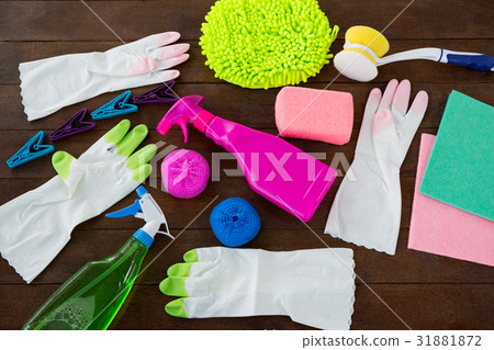 High angle view of cleaning products on table 31881872