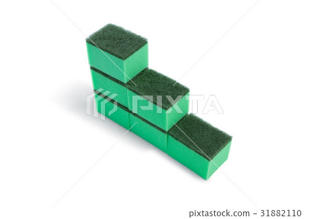 High angle view of cleaning sponge arranged in stack 31882110