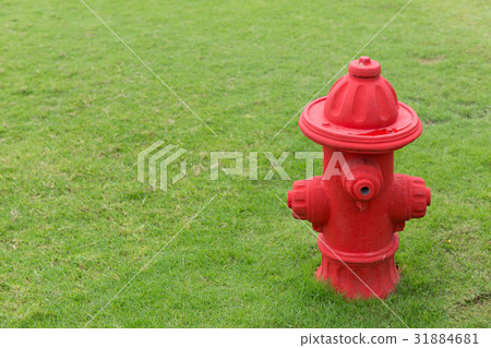 Funny fake red Fire hydrant on green grass Funny fake red Fire hydrant on green grass 31884681