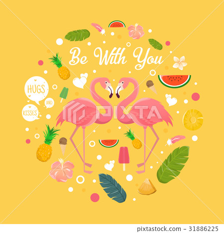 Flamingo couple in summer with many fruits Flamingo couple in summer with many fruits 31886225