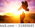 Silhouette of hand  to Dove carrying olive  leaf  31889685