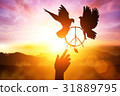 Silhouette of one to pacification sign and dove 31889795