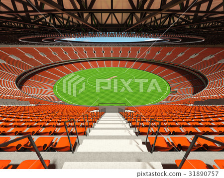 Beautiful modern cricket stadium with orange seats 31890757