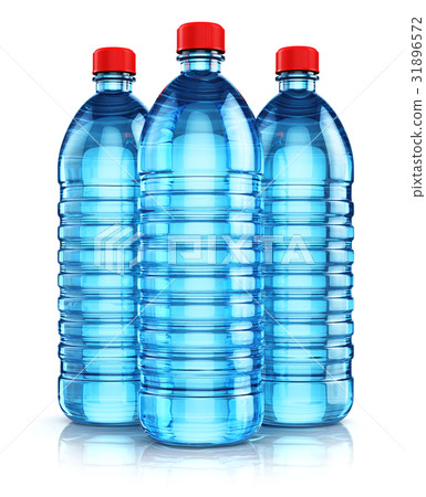 Group of blue plastic drink water bottles 31896572