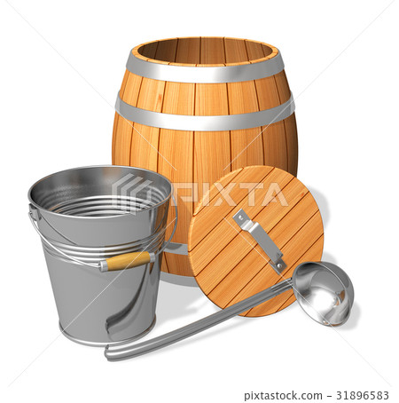 Wooden barrel and metal bucket 31896583