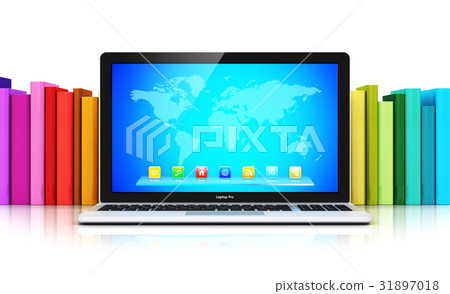 Laptop in front of row of color books 31897018