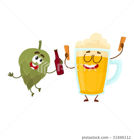 Funny beer glass and hop characters having fun 31898112