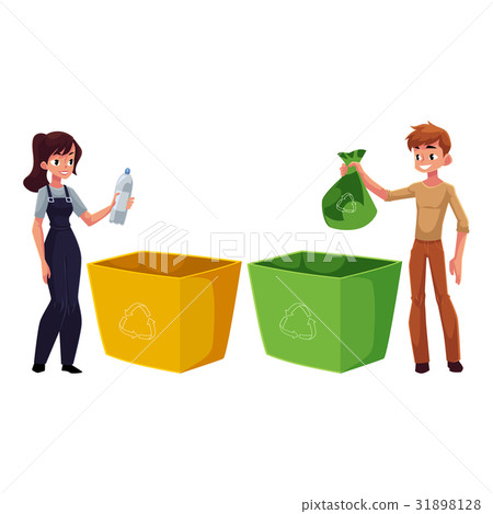 Man, woman putting garbage into trash bin, waste 31898128