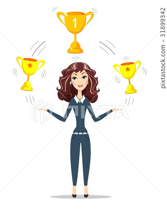 Woman holding gold trophy goblet. 31899342