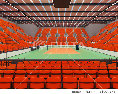 Beautiful empty volleyball arena with orange seats 31900574