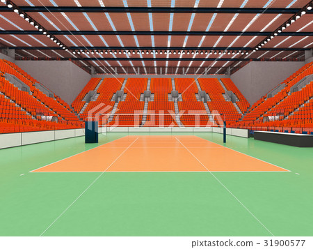 Beautiful empty volleyball arena with orange seats 31900577