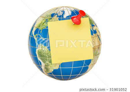 Push pin with blank yellow sticky note on globe 31901052