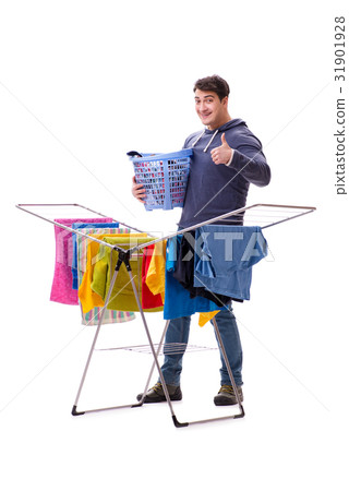 Husband man doing laundry isolated on white 31901928