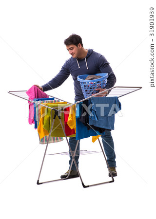 Husband man doing laundry isolated on white Husband man doing laundry isolated on white 31901939